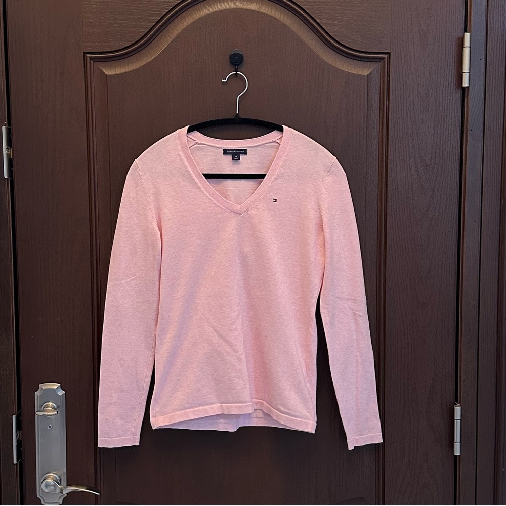Tommy Hilfiger Baby Pink V-Neck Sweater Logo Cotton Blend Size SP